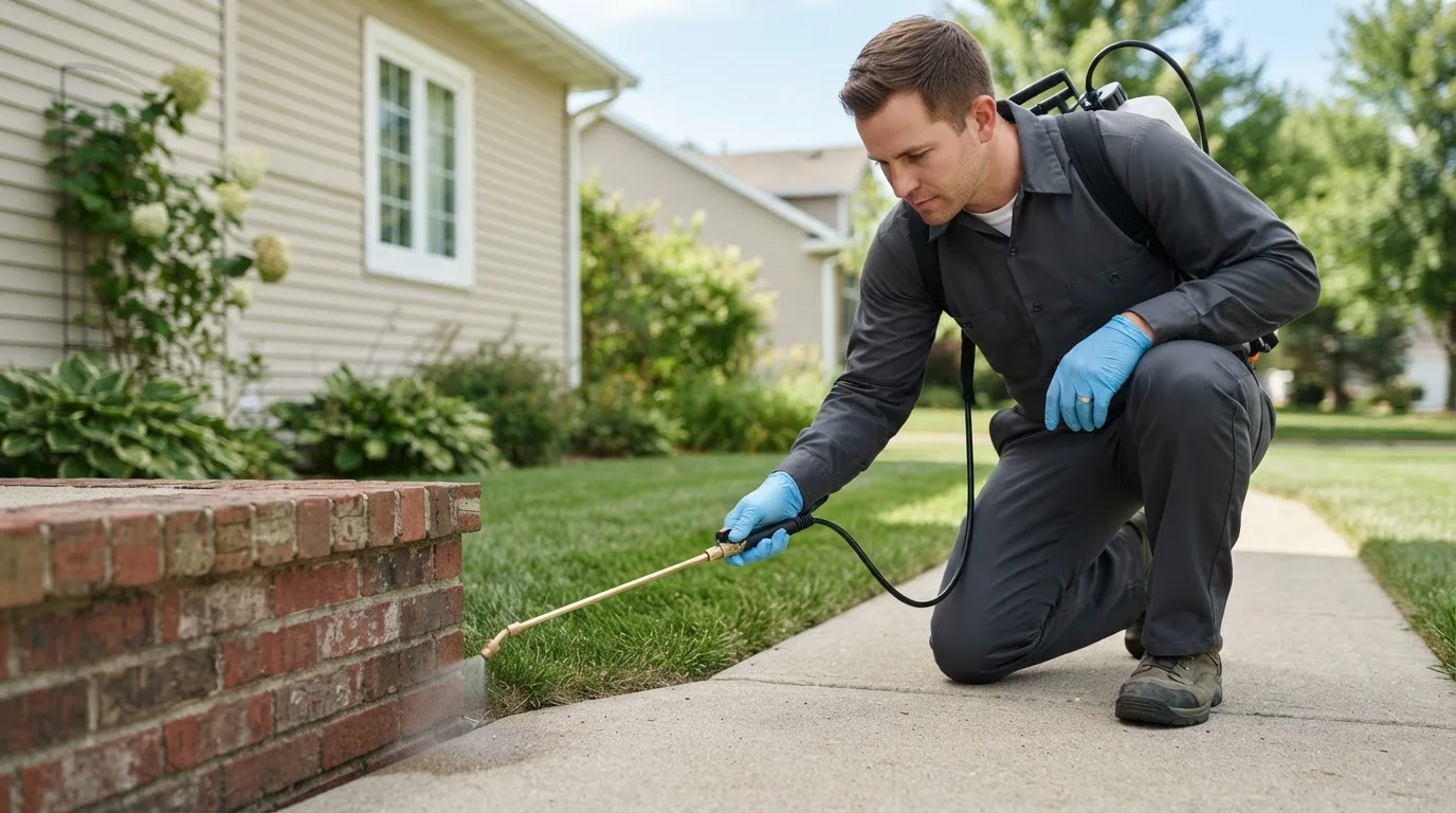 Pest control technician treating a home near Traer, IA