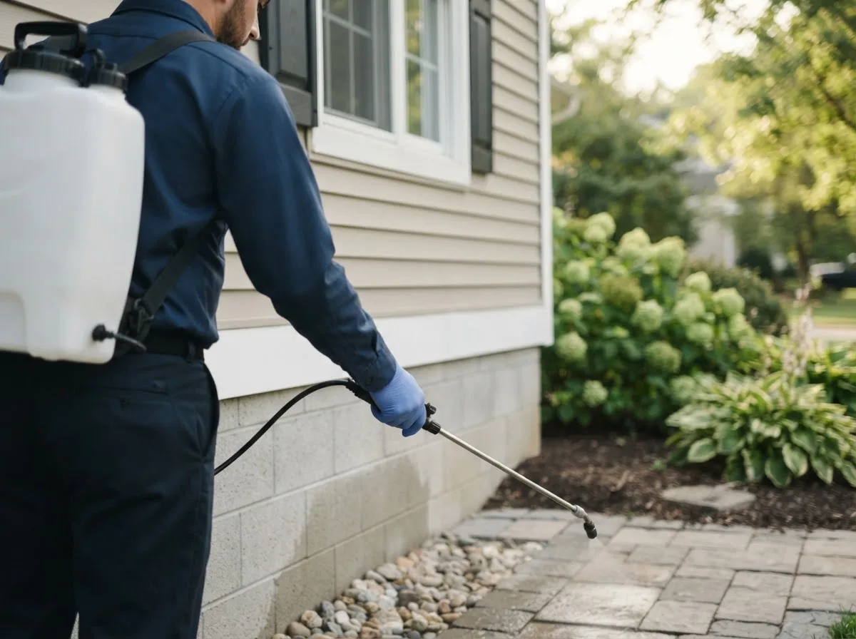 Pest control technician inspecting a home in Traer, IA
